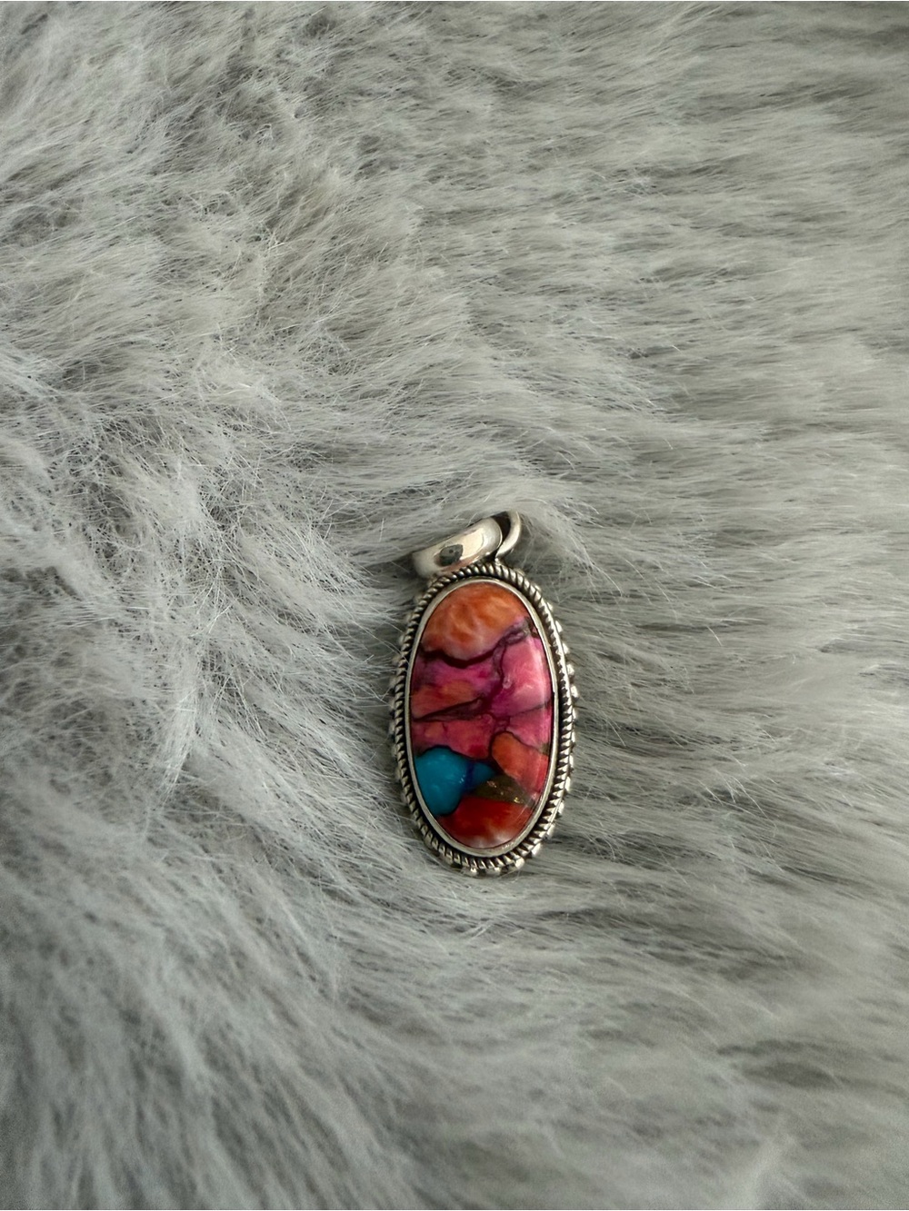 925 Sterling Silver Copper Turquoise Pink Spiny Oyster Inlay Oval Pendant